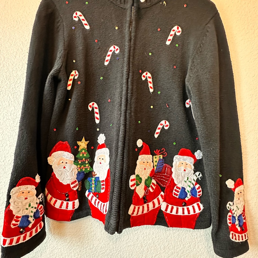 Festive Black Santa women’s Sweater Jacket with Zipper